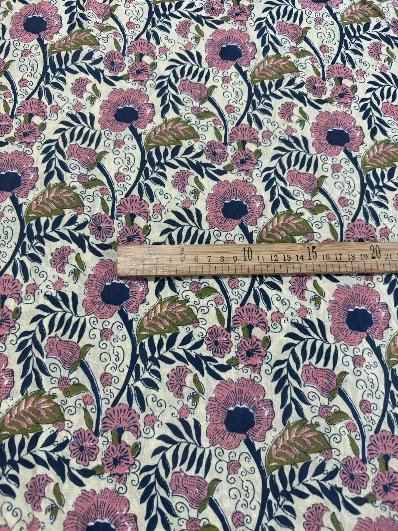 Beautiful Flower Print Block Printed Cotton Fabric Light Weight for Summer Clothes