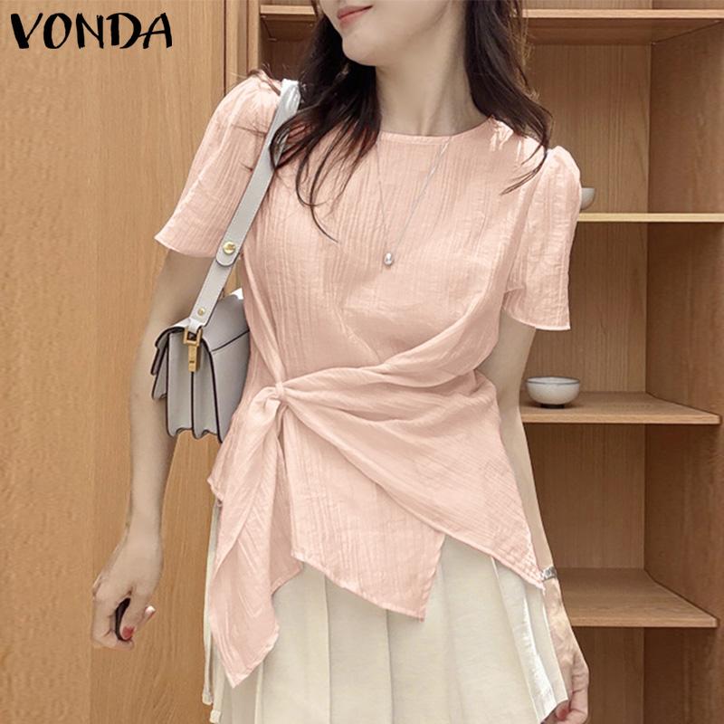 VONDA Women Casual Short Sleeve Solid Semi-Sheer Side Twisted Loose Blouse