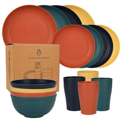 16Pcs Bowl and Plate Tableware Set Wheat Straw Household Bowl Plate Portable Tableware Gift Plate Cup and Plate Rice Bowl Set