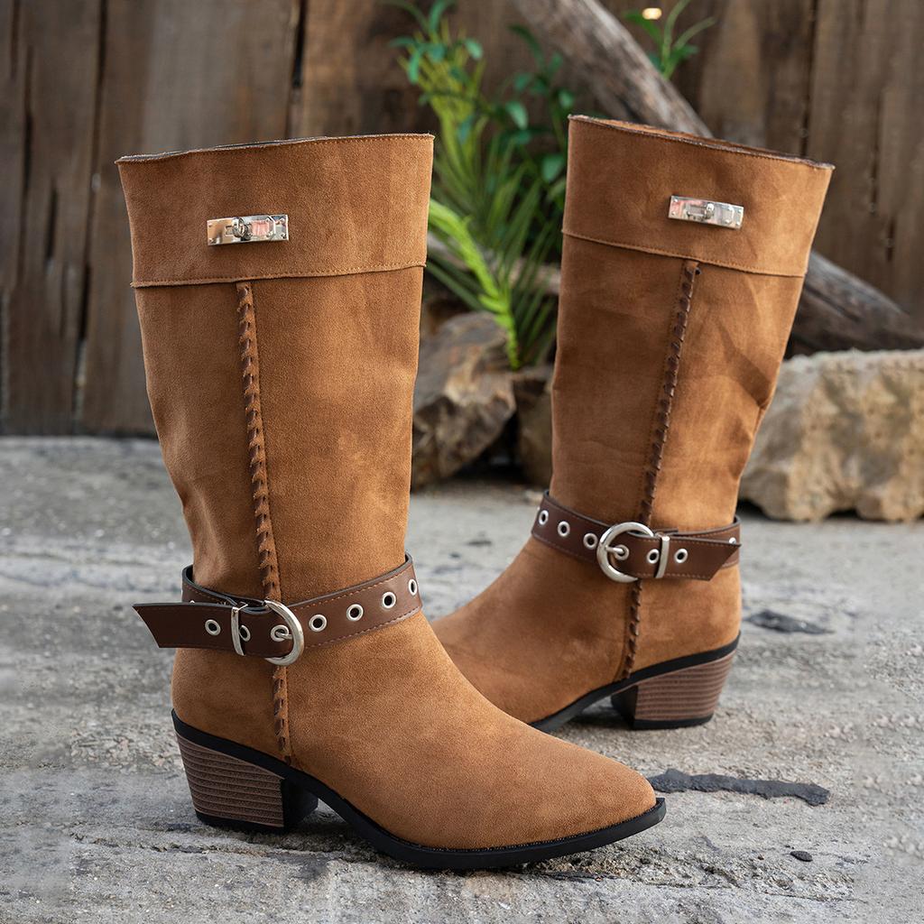 Winter new sleeve suede belt buckle northwest wind two wear pile boots retro pointed knight boots travel