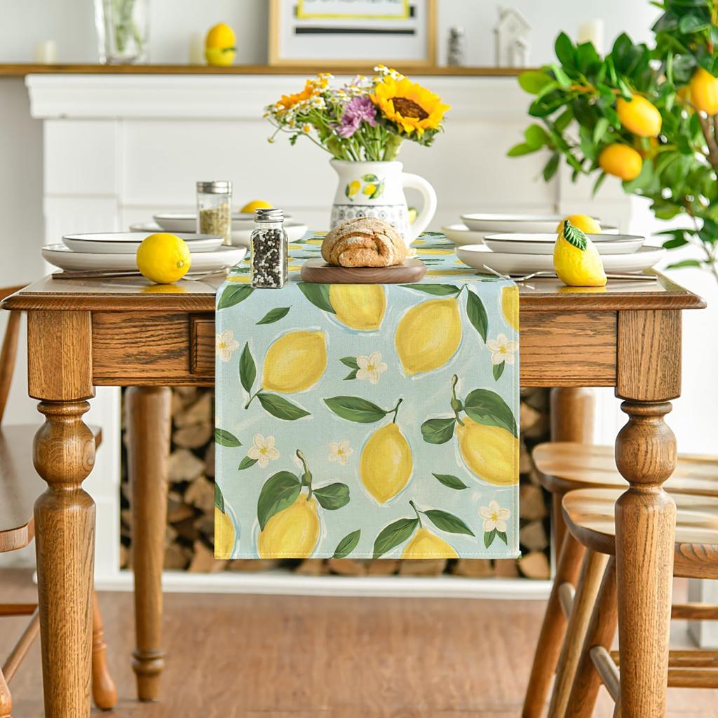 Artoid Mode Blue Lemon Flower Floral Summer Table Runner,Spring Kitchen Dining Table Decoration for Home Party Decor 13x72 Inch
