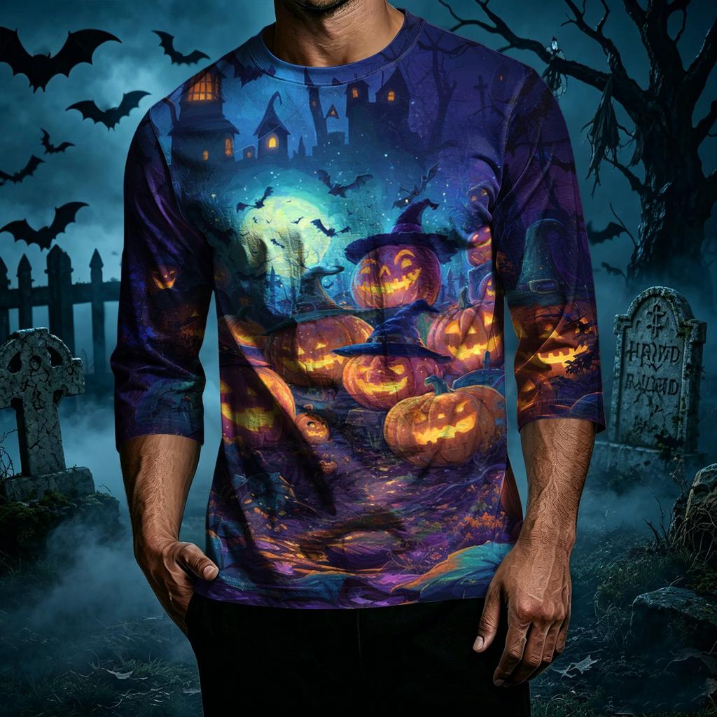 Men Casual Halloween Print Crew Neck T Shirt Three Quarter Sleeve Relaxed Fit Top Suitable for Everyday Wear and Seasonal Events