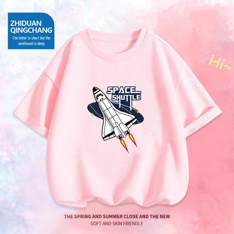 

2035# Детская хлопковая футболка с мультяшным принтом, с длинным/коротким рукавом, универсальный летний базовый слой 160 cm розовый