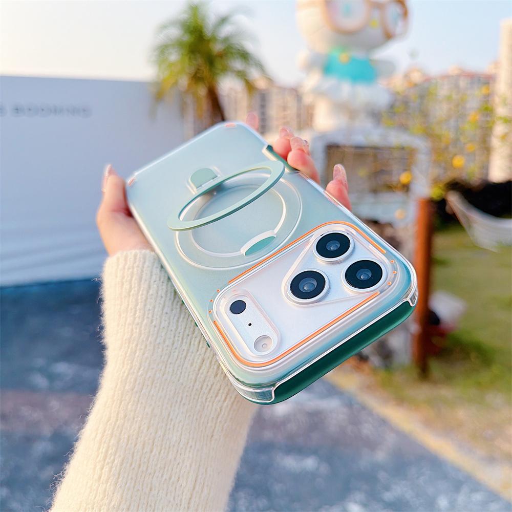 Luxury Matte Magnetic Clear Phone Case For iPhone 17 Air 16 Plus 15 12 13 14 Pro Max For Magsafe Metal Ring Stand Holder Cover