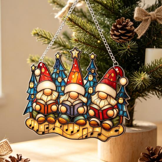 Xmas Tree Door Decorations Fairy & Gnome Christmas Acrylic Suncatcher, 2D Fantasy Elf Dwarf Window Hanging Unique Baubles Decor with Stained