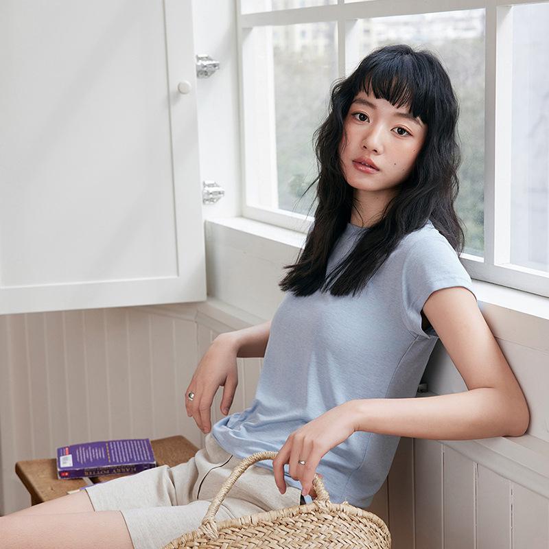 

Летняя футболка с коротким рукавом для женщин с круглым вырезом, облегающая, с одним рукавом, новая, однотонная, удобный топ L небесно-голубой