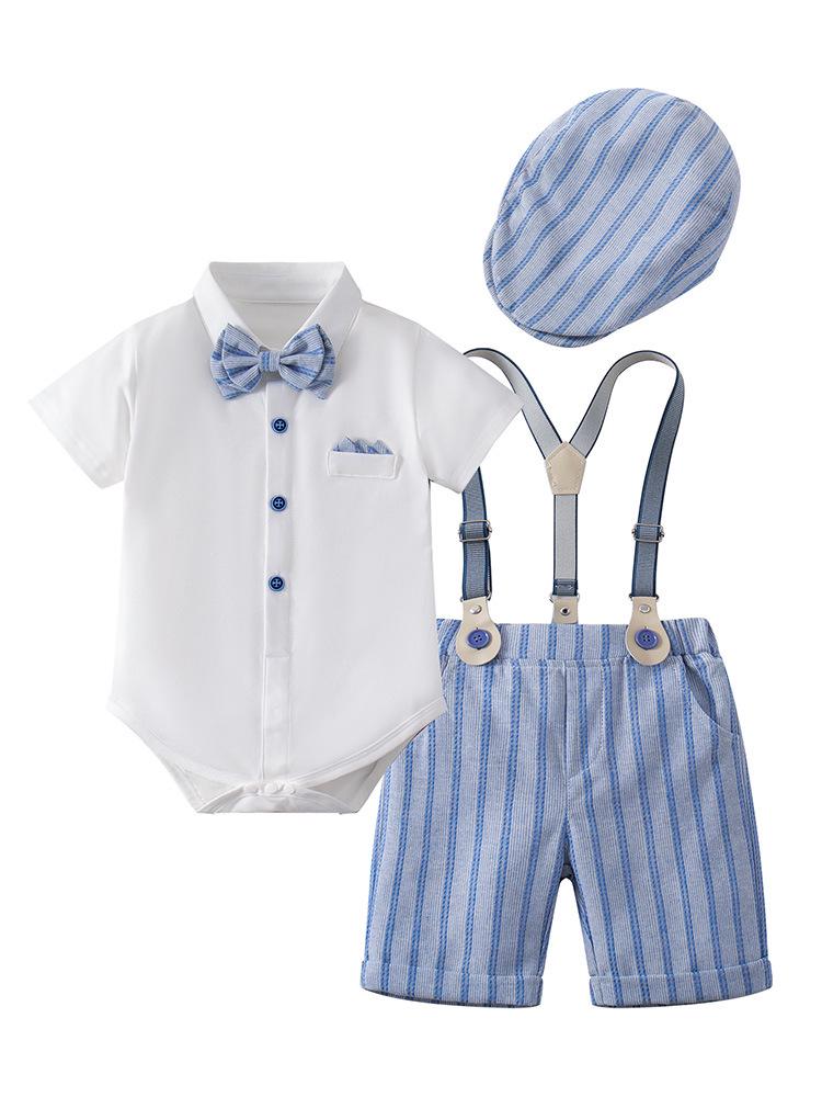 2025 European Style Boys' Summer Bodysuit Set: Short Sleeve, Shorts, and Hooded Three-Piece Outfit