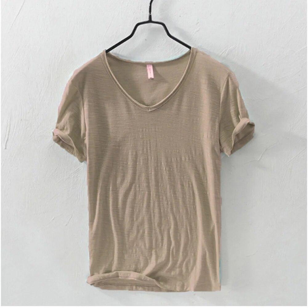 New Slim Fit Slub Cotton Pure Color V Collar Short Sleeved Tops Tees Men T-Shirt Multi-color Man T-Shirts Fitness