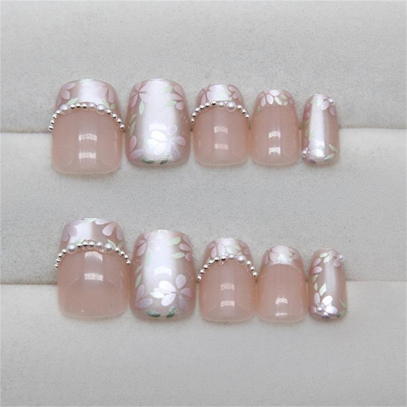 24 Pcs French Tip Press On Nail Cats Eye False Nail Pearls Flowers Acrylic Nail Short Full Cover Stick on Nail