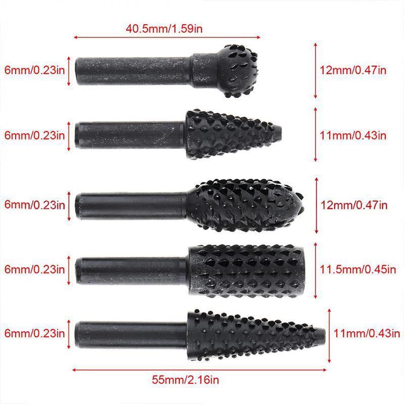 5-Piece Black Woodworking Spearhead Rotary File Electric Grinding Head Tool Set (Diy Grinding Tool Accessory Set)