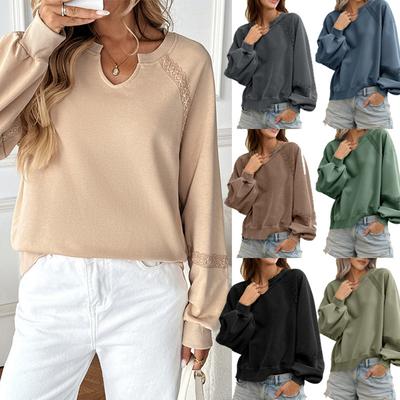 Women's Lace Patchwork V-Neck Long Sleeve Pullover Sweatshirt Casual Solid Color Tops