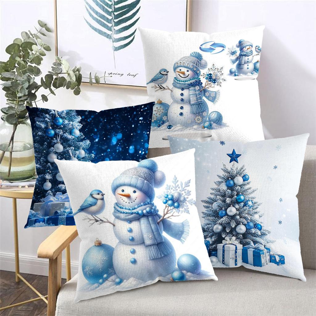 Blue Snowman Tree Gift Pillow Covers for Christmas Decor Polyester pillowcase, sofa decorative cushion cov Headboard Pillow