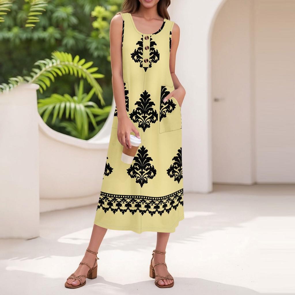 Women's Summer Casual Fashion Retro Printed Sleeveless Button Casual Long Dress