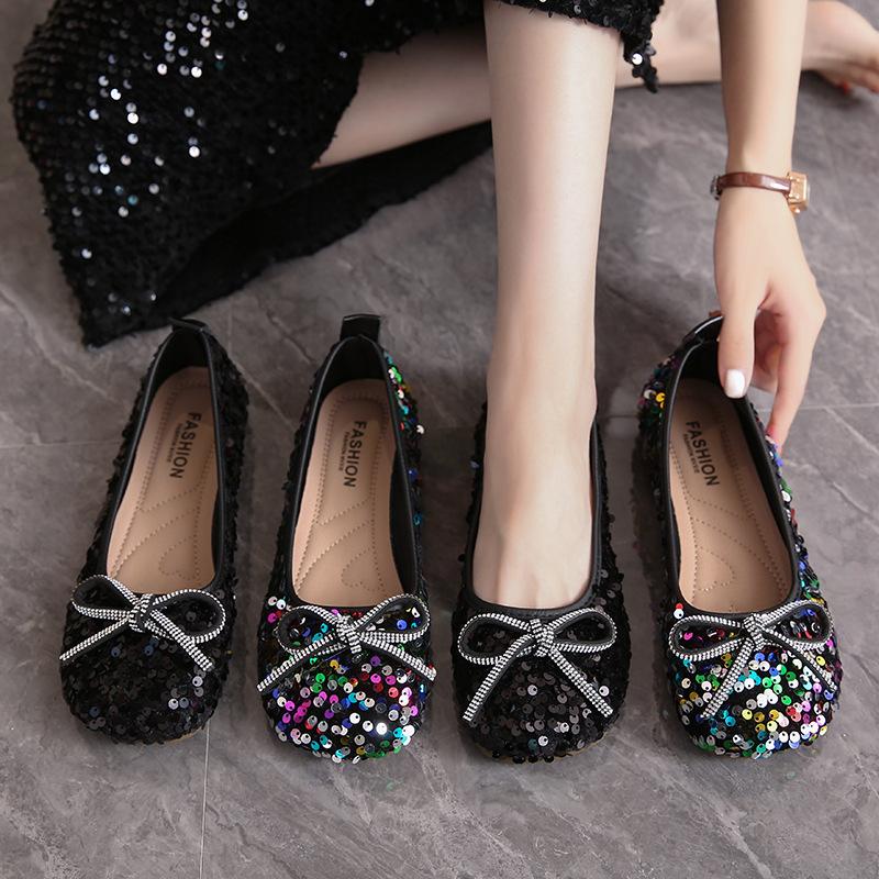 2025Damen Bling Ballerinas Lässige Laufschuhe Frühling Neu Runde Zehenschleife Damenmode Marke Kleid Zapatillas Mujer