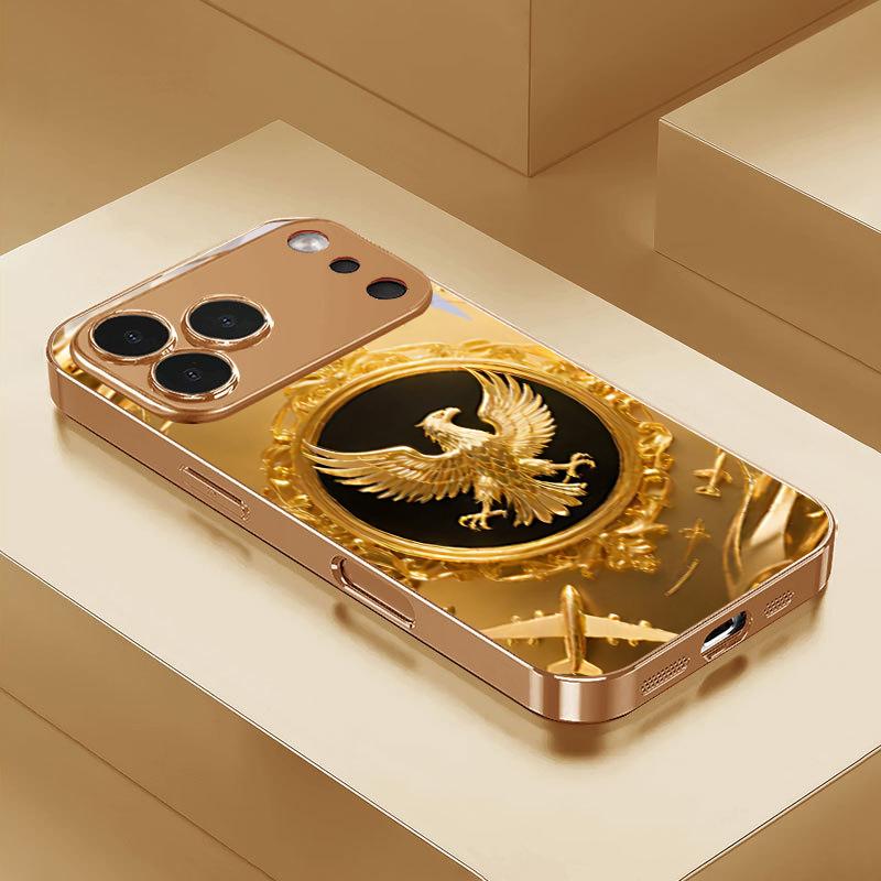 Eagle Pattern Art Electroplated Golden Phone Case For iPhone 17Air 17 16 15 14 13 12 11 Pro Max Plus 16E XR 7 8 X Xr Glass Cover