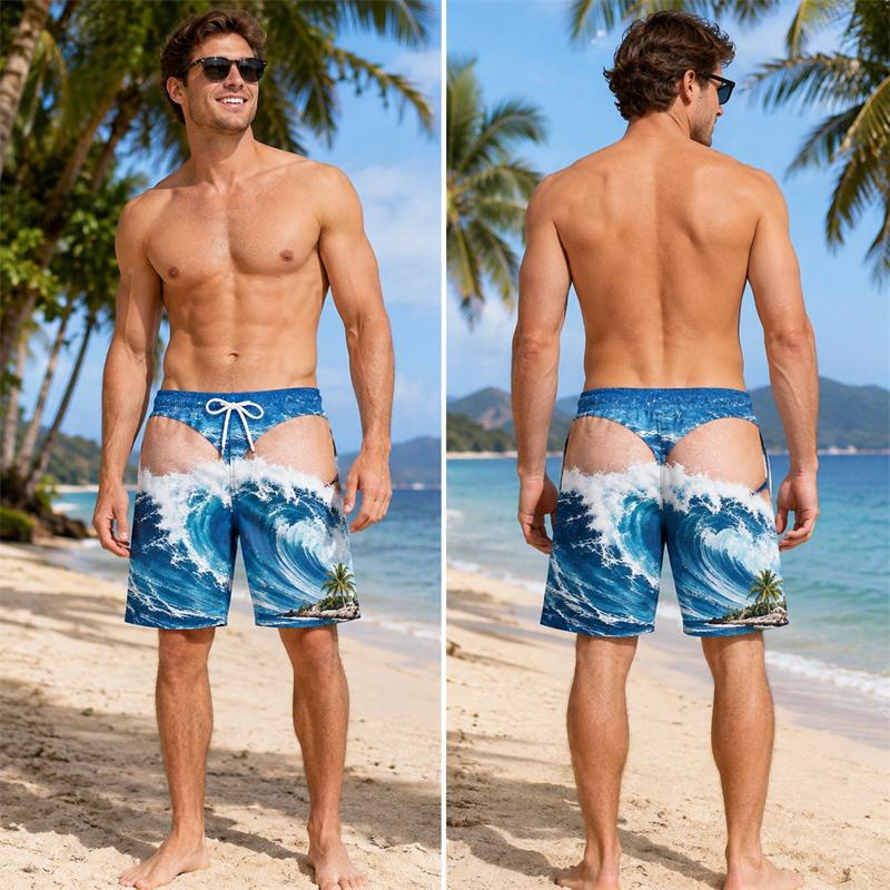 Men's Fake Underwear Beach Short 3D Print Beach Shorts Tropical Underwater Print Funny Summer Vacation Swim Trunks Board Shorts
