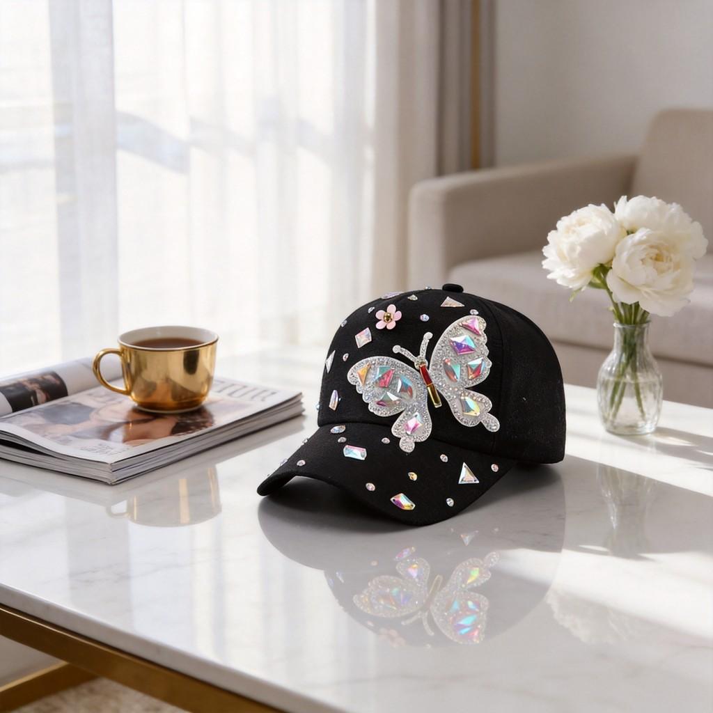 Butterfly Glitter Baseball Cap With Adjustable Strap For Fashionable Women 2024