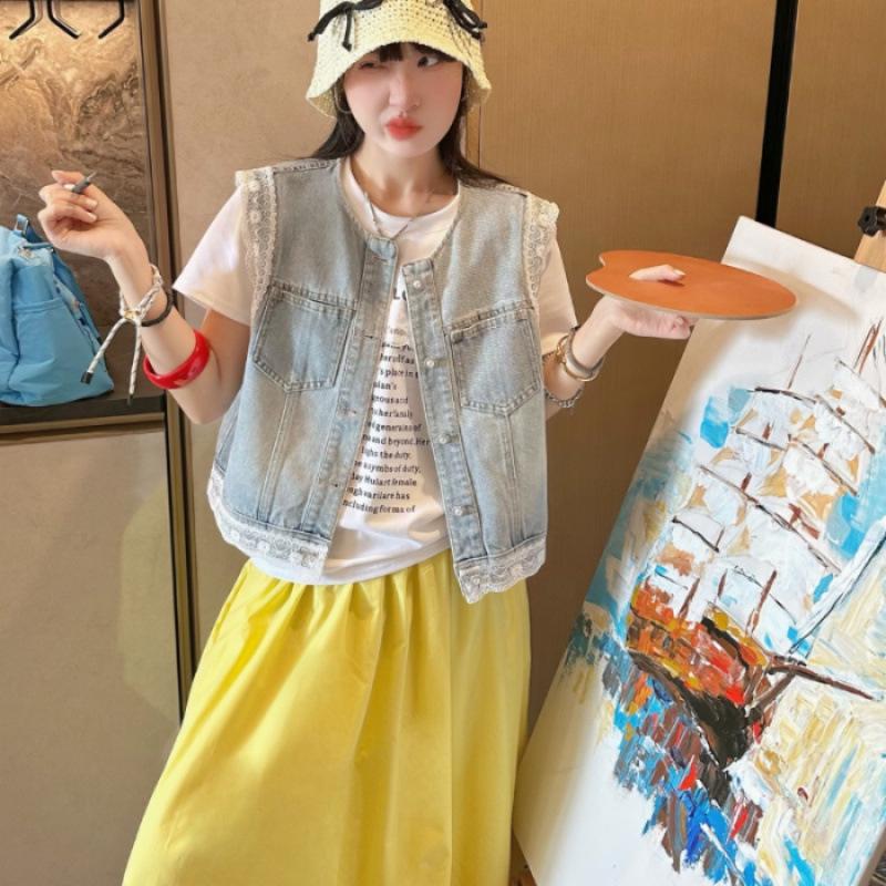 2025 Summer Women s Retro Hong Kong Style Denim Vest - Chic, Versatile, Round Neck, Sleeveless Layering Piece Large