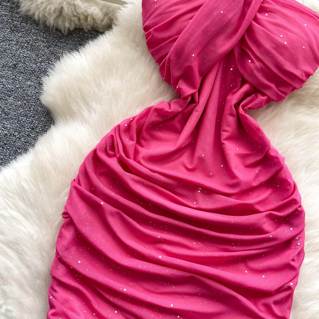 Summer Women One Shoulder Strapless Sexy Bling Bling Slim Sheath Bodycon Mini Short Club Party Dresses