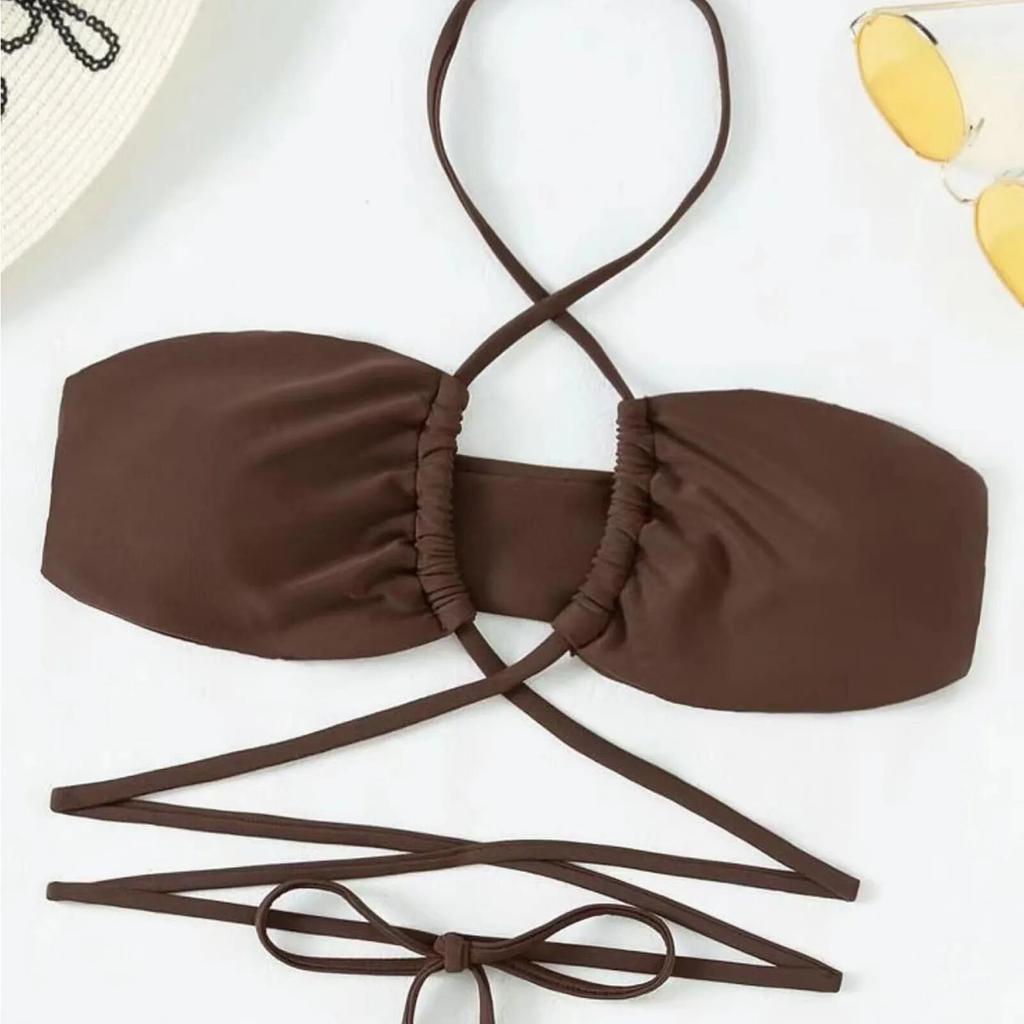 Women's Fashion Drawstring Lace Short Skirt Mesh Bikini Swimwear Set (3 Piece Set with Chest Cushion Without Steel Bracket)