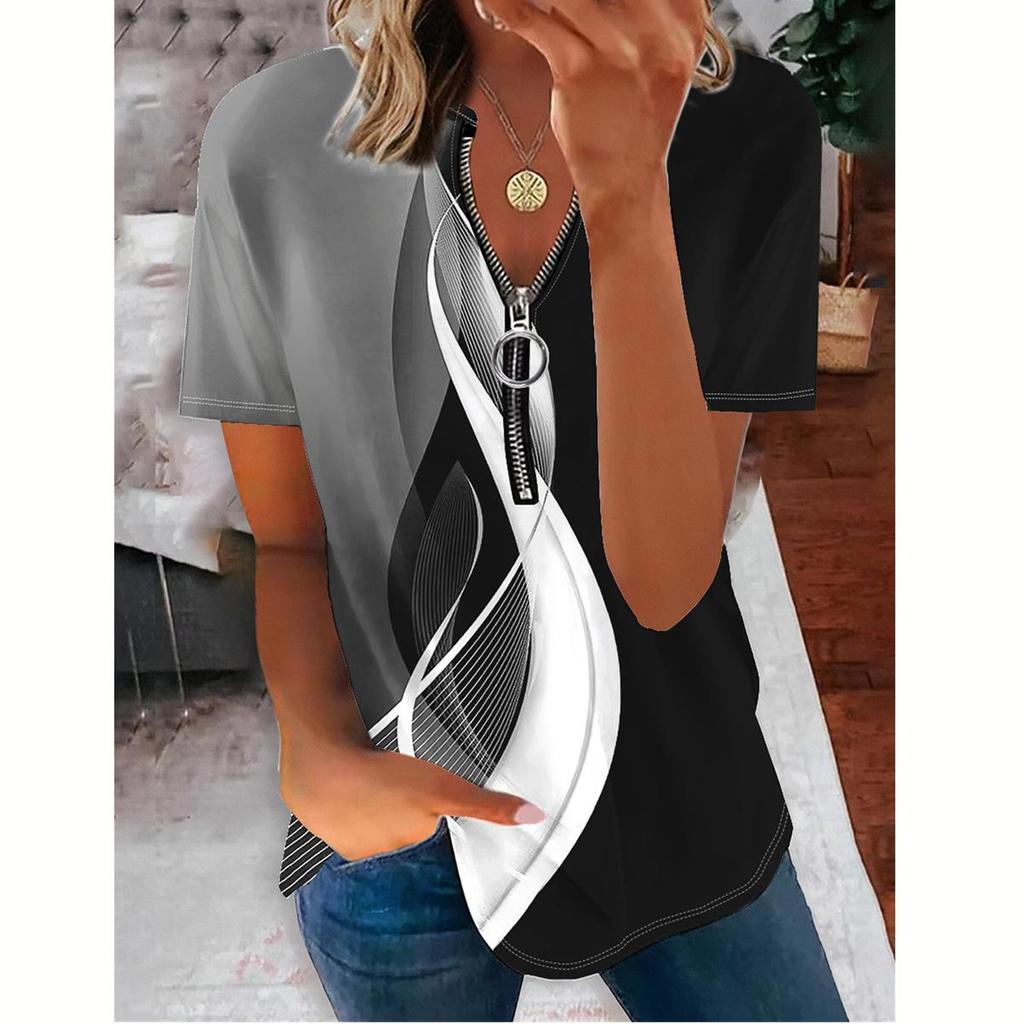 Damen Sommermode Reißverschluss Kurzarm T-Shirt Übergröße