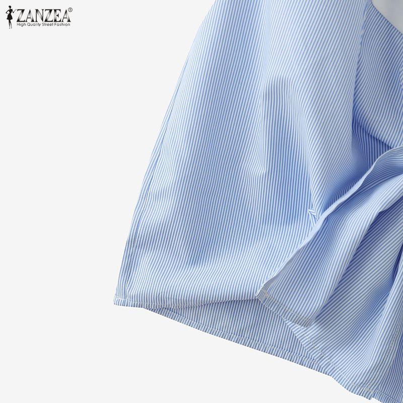 ZANZEA Women Casual Round Neck Short Sleeve Stripe Splice Loose Blouse