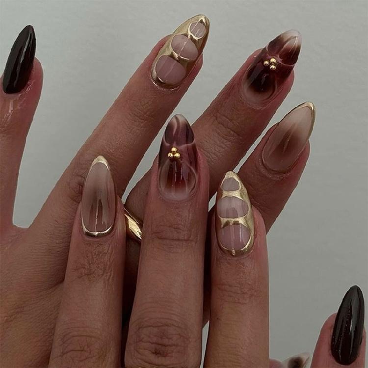 

24Pcs Press on Nail Medium Almond Glossy Beads Flower Designs Acrylic Nail French Tip Easy to Apply and Remove for Women 1