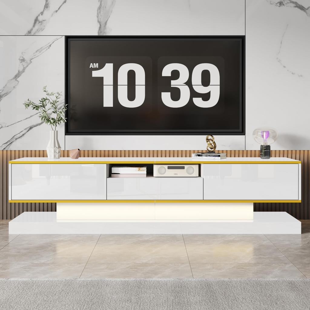 TV-Schrank, mit 3 Schubladen und offenem Fach, mit LED-Beleuchtung und goldenen Akzenten, modernes Lowboard mit viel Stauraum
