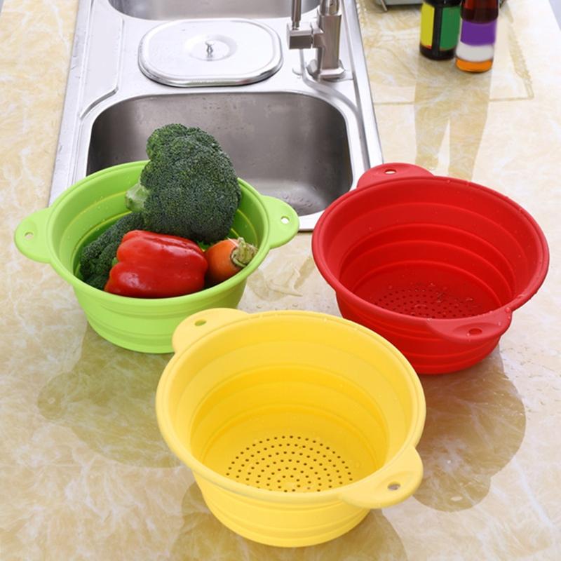 Folding Silicone Drain Basket Fruit Vegetable Washing Basket Foldable Strainer Colander Collapsible Drainer Kitchen