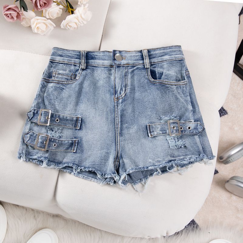

Женские трансграничные европейские и американские новые шорты деним с высокой талией, сексуальные рваные стрейч, больших размеров, повседневные, с металлической пряжкой, шорты Blue XL
