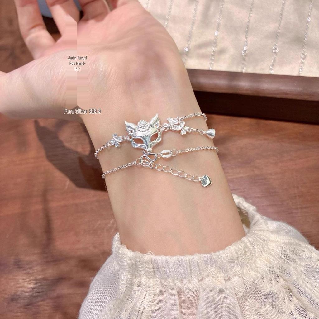 999 Sterling Silver Jade Fox Mask Tassel Bracelet - Ethnic Style Gift for Girlfriend's Benming Year