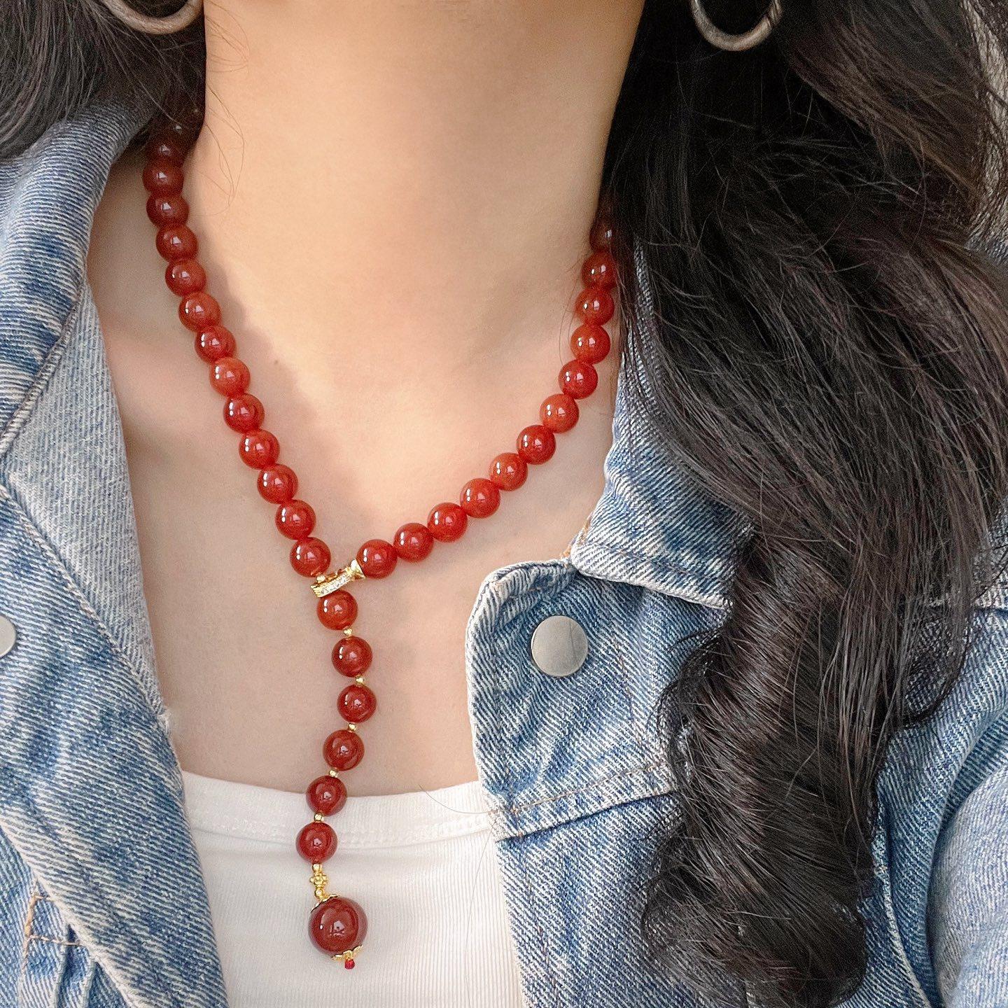 10Mm Design Sense Adjustable Natural Carnelian Necklace Clavicle Chain