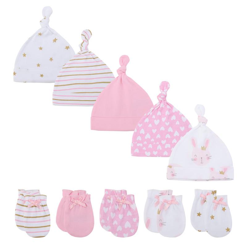 KIDDIEZOOM 0-6Months Boys Girls Hats Gloves Set 100% Cotton Soft Caps Mittens Baby Accessories
