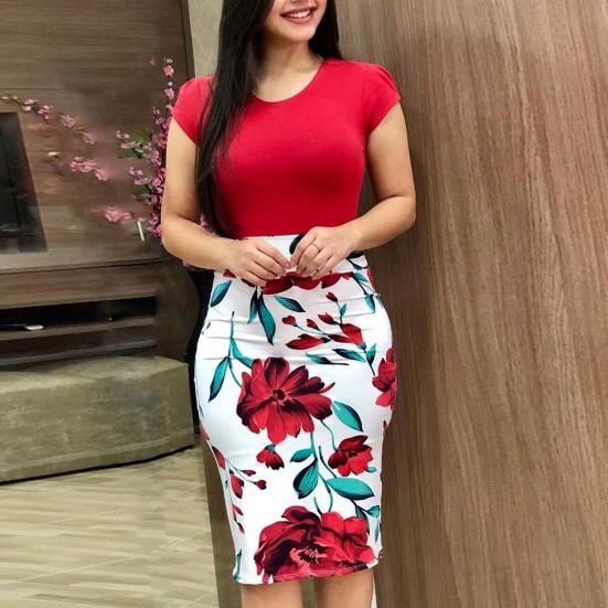 

Женское летнее платье-футляр Slim Fit с коротким рукавом и круглым вырезом в стиле пэчворк в тон с цветочным принтом Мягкое эластичное женское платье длиной до колена