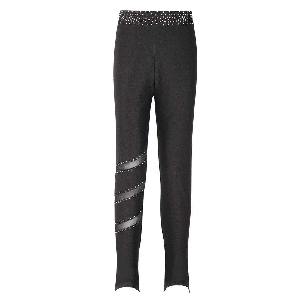 Girls Figure Skating Pants Sparkly Rhinestones Elastic Waistband Leggings Sheer Mesh Patchwork Trousers