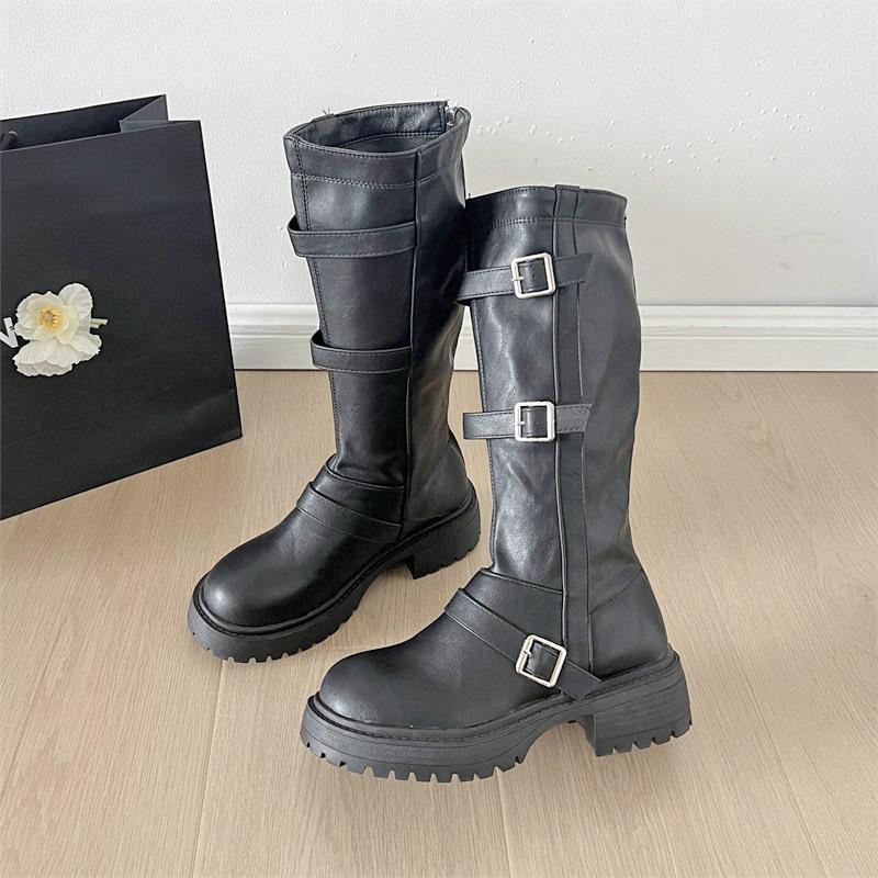 British style thick heel but knee knight boots women's 2025 autumn new retro versatile thin sweet cool buckle boots