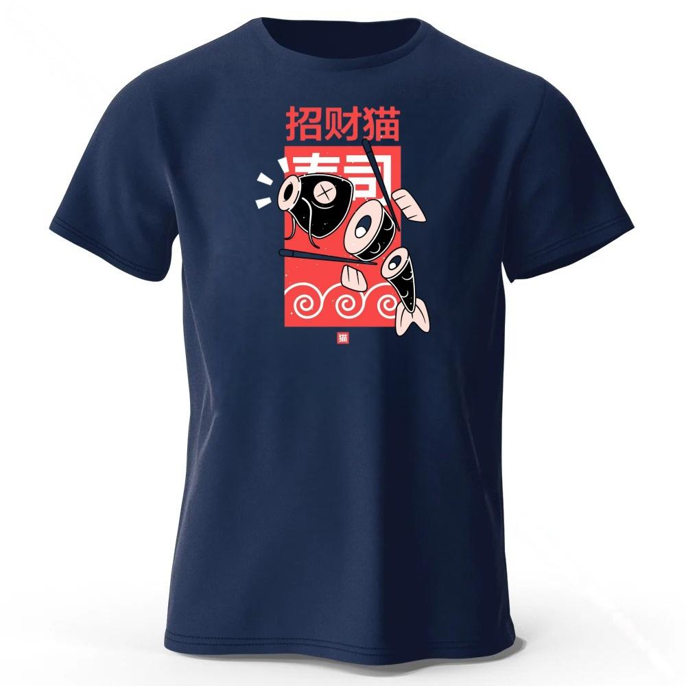 Summer New Japanese Cat Style Trendy Casual Printed Pure Cotton Tshirt for Men Loose Oversized Breathable Oneck Short Sleeved