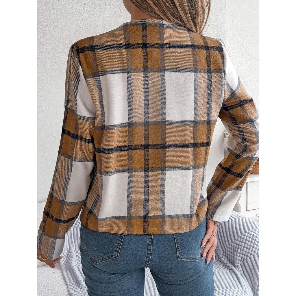 GMXIA Autumn and Winter Casual Plaid Long-sleeved Woolen Jacket Women's Wear