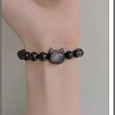 1pc Natural Obsidian Beaded Bracelet for Women, Cute Cat Head Black Crystal Bracelet, Handmade Elastic Gemstone Bangle, Dainty Protection Jewelry Gift