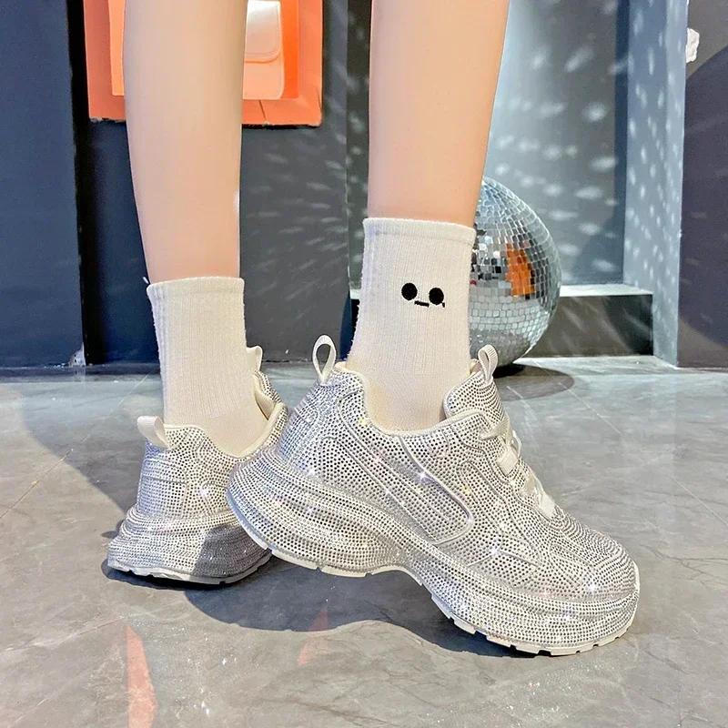 Women Sneakers Spring Lace-Up High Heel Platform Lace Up Silver Crystal Casual Working Shoes Wearing Night Running Shoes Outside