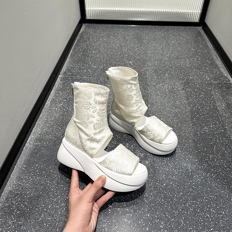 

Fashion 6cm NEW Fashion Women Summer ZIP Peep Toe Mary Jane Ankle Booties Platform Wedge Loafer Shoes Stretch Fabric Cloth Silk Sandals 34 бежевый