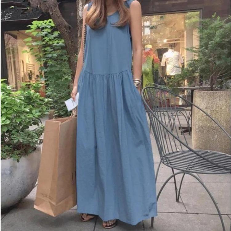 Summer Beach Party Dress Women Casual Sleeveless A Line Swing Dress Round Neck Solid Color