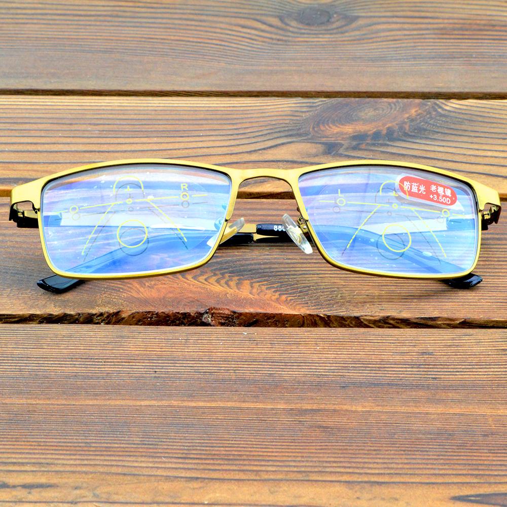 Vollrandige Bronzerahmen-Komfort-Rechteckbrille. Sehen Sie in der Nähe und in der Ferne. Progressive Multifokus-Lesebrille +0,75 bis +4