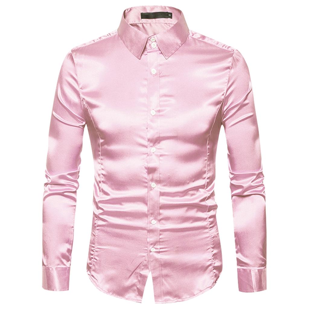 Men'S Solid Color Casual Shirt Men'S Fashionable Bright Face Lapel Long Sleeve Shirt
