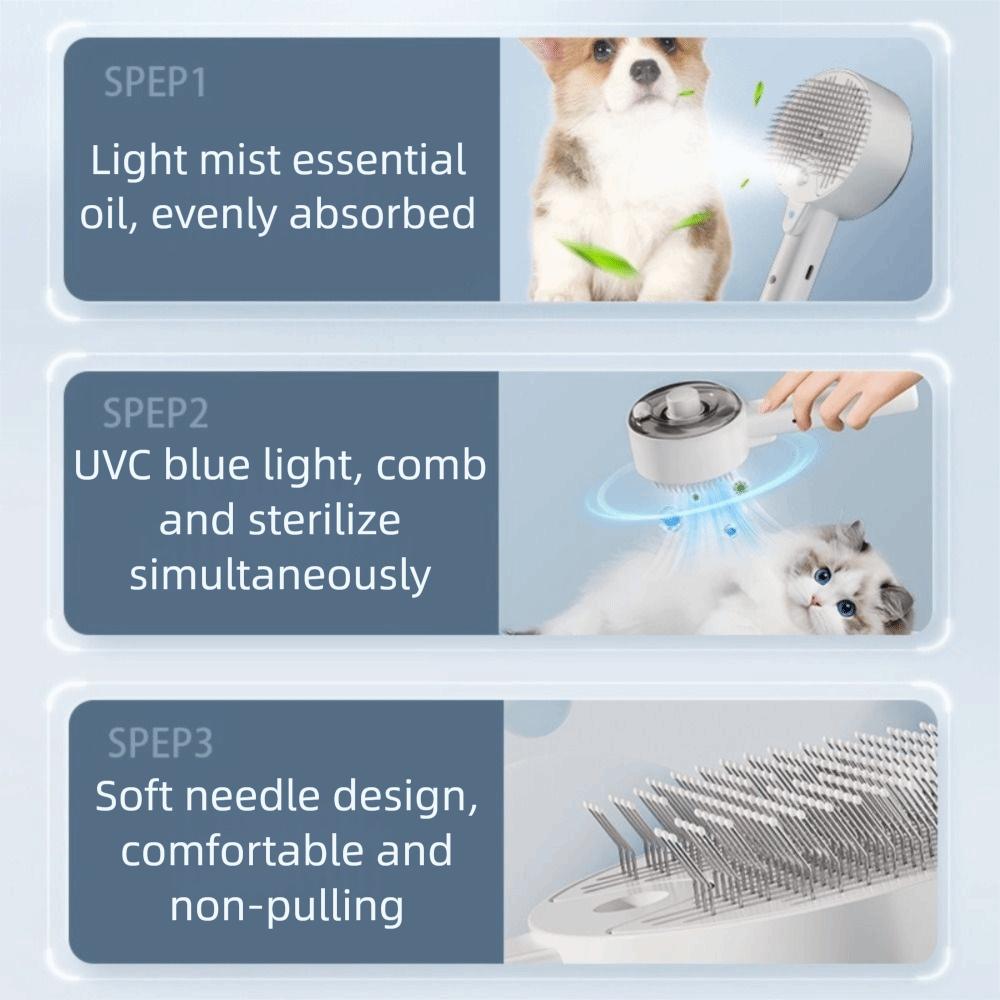 3-in-1 Design Pet Electric Steam Brush Adjustable One Button Pet Cleaning Spray USB Charging Steam Spray UV Sterilization Comb