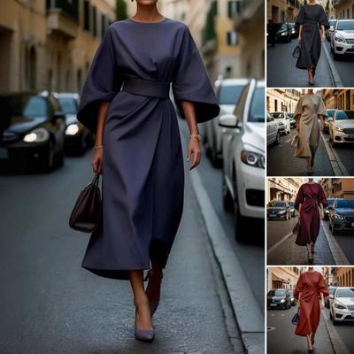 Lady Midi Dress Three Quarter Dolman Sleeves Slim High Waist Solid Color