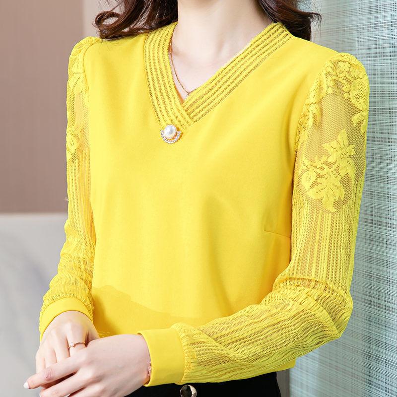 Women's Tops Large Size Ladies V Neck Beaded Shirt Lace Crochet Splicing Mesh Long Sleeve