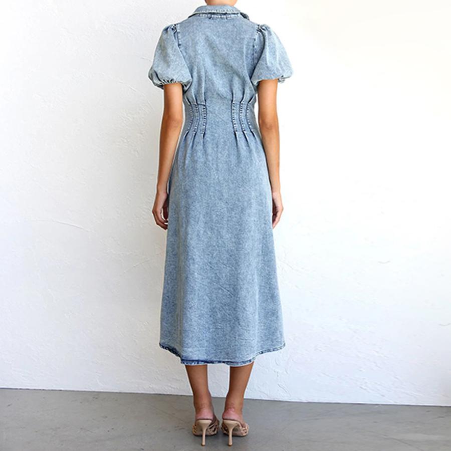 Spring/Summer Bubble Sleeve Short-Sleeve Distressed Casual Shirt Denim Long Dress