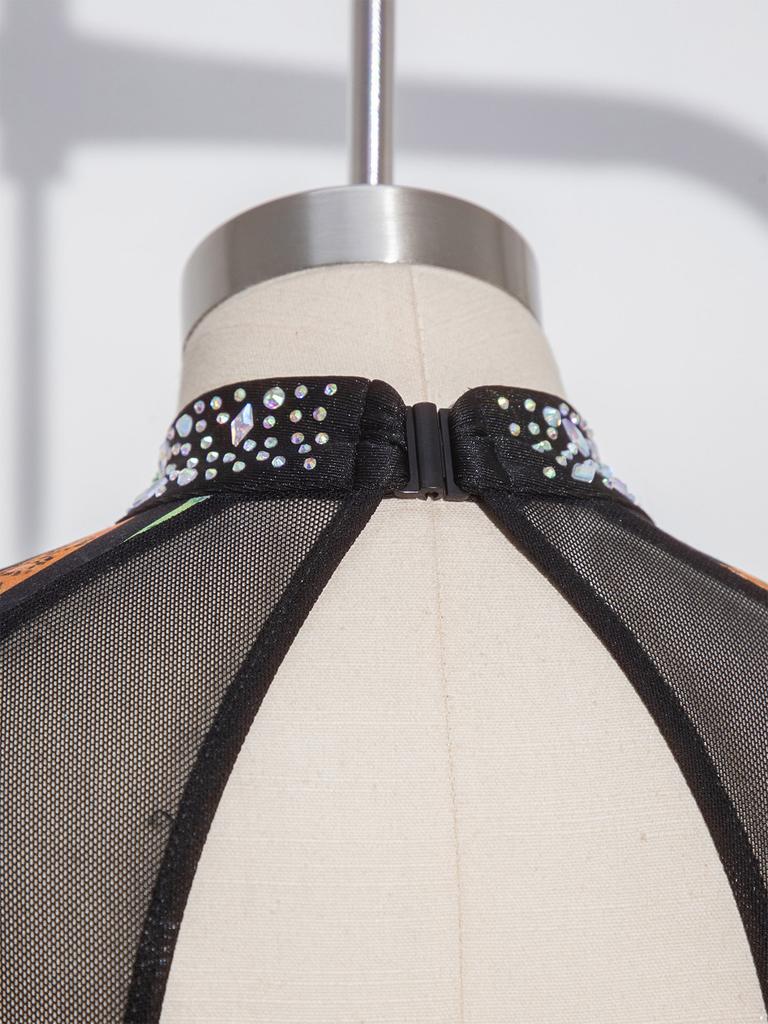 Body da Bambina Brillante con Strass, Manica Lunga, Schiena Scoperta, Patchwork, Chiusura a Bottoni a Pressione sull'Inseme, Abbigliamento Sportivo da Danza