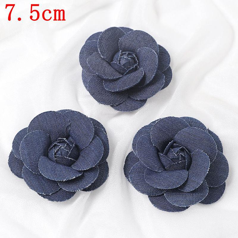 3/5Pcs 3.5/4.5/5/7/7.5CM Denim Artificial Blue Fabric Camellia Flower for Wedding Decor Women Handmade Cloth Corsage Accessory